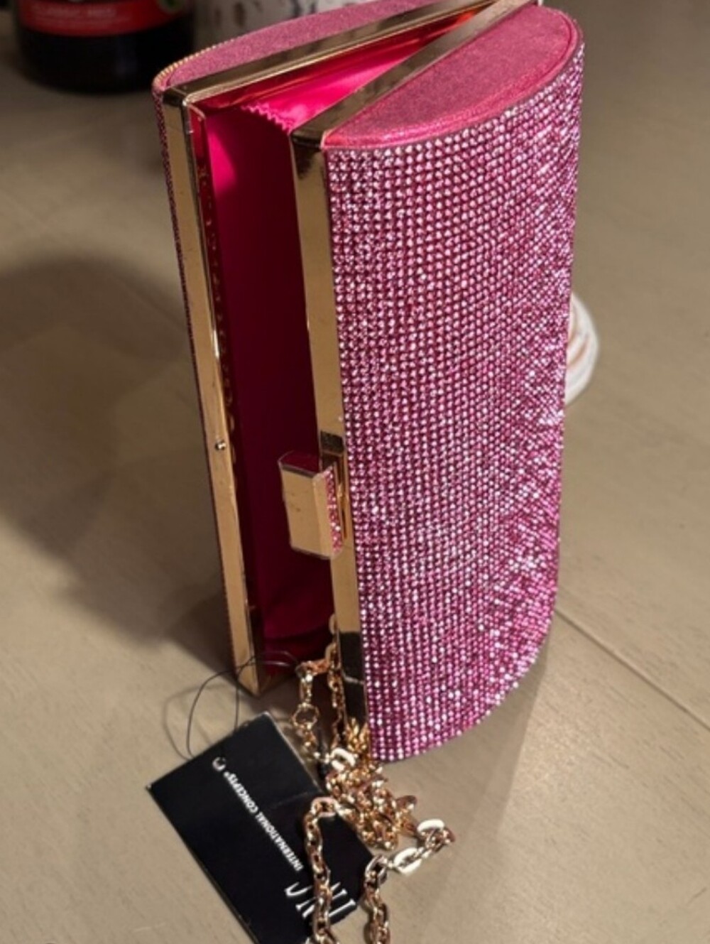 INC International Concepts Pink Rhinestone Clutch with Gold Chain - Picture 5 of 5